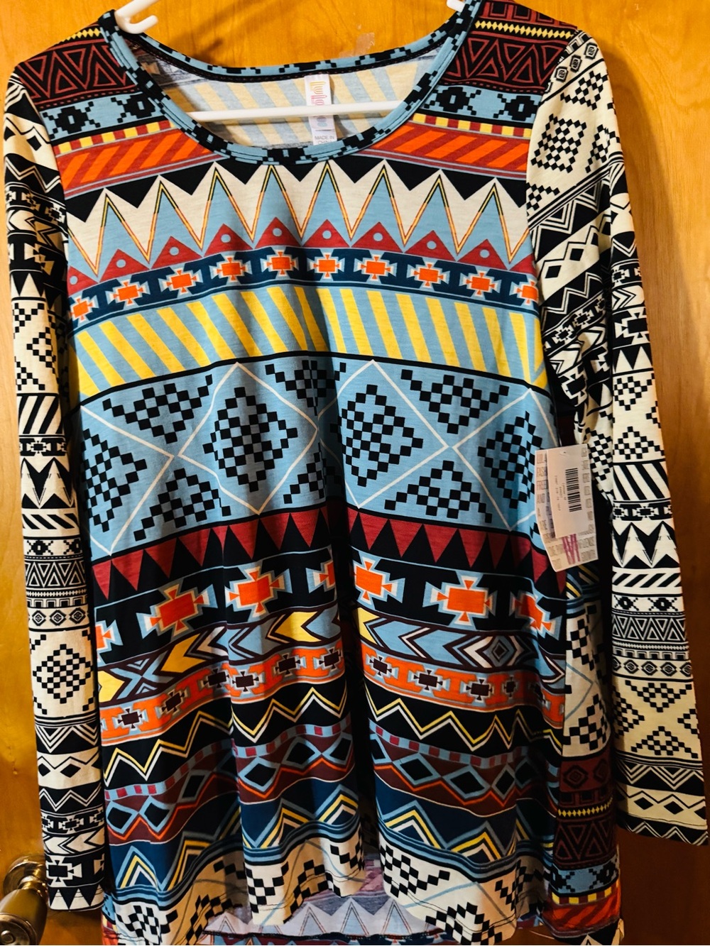 LuLaRoe Long Sleeve Aztec-Pattern Top in Blue, Black, Red, Yellow